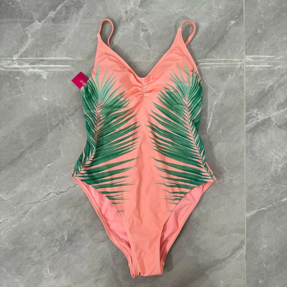 Women’s Xhilaration Palm Print One Piece Swimsuit Scoop Back Adjustable Straps M - Picture 2 of 16